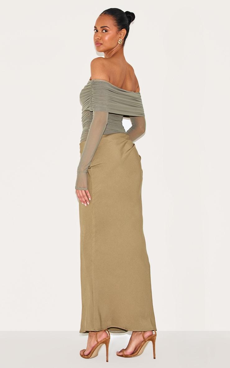  Olive Satin Mesh Detail Bardot Maxi Dress Product Image