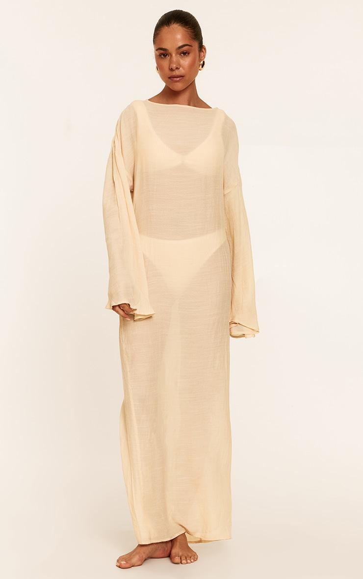 Cream Linen Look Flute Sleeve Beach Maxi Dress Product Image