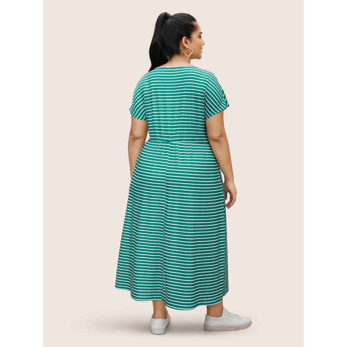 Plus Size Striped Tie Knot Batwing Sleeve Split Side Dress Emerald Women Casual Tie knot Round Neck Cap Sleeve Curvy BloomChic 10/M Product Image
