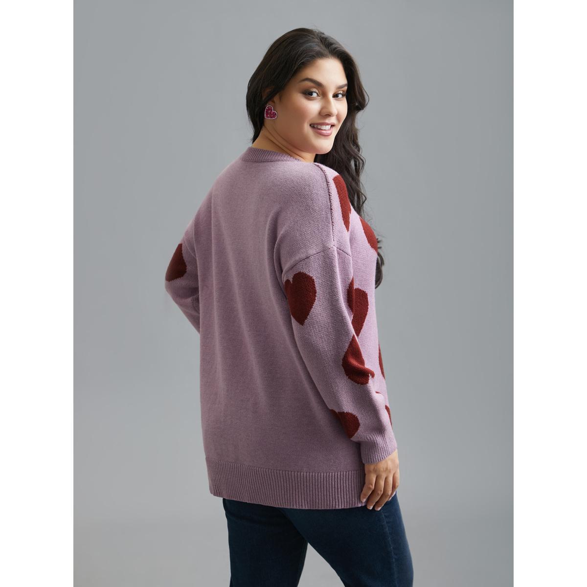 Plus Size Round Neck Contrast Heart Jacquard Pullover Lilac Women Casual Loose Long Sleeve Round Neck Everyday Pullovers BloomChic 14-16/1X Product Image
