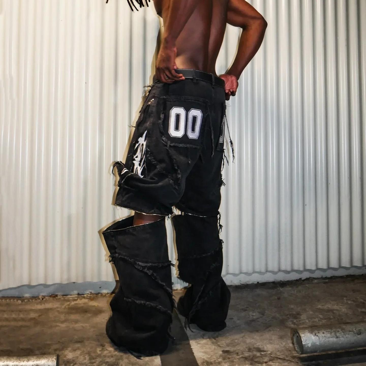 Hiphop Flame Distressed And Removable Denim Baggy Jeans Product Image