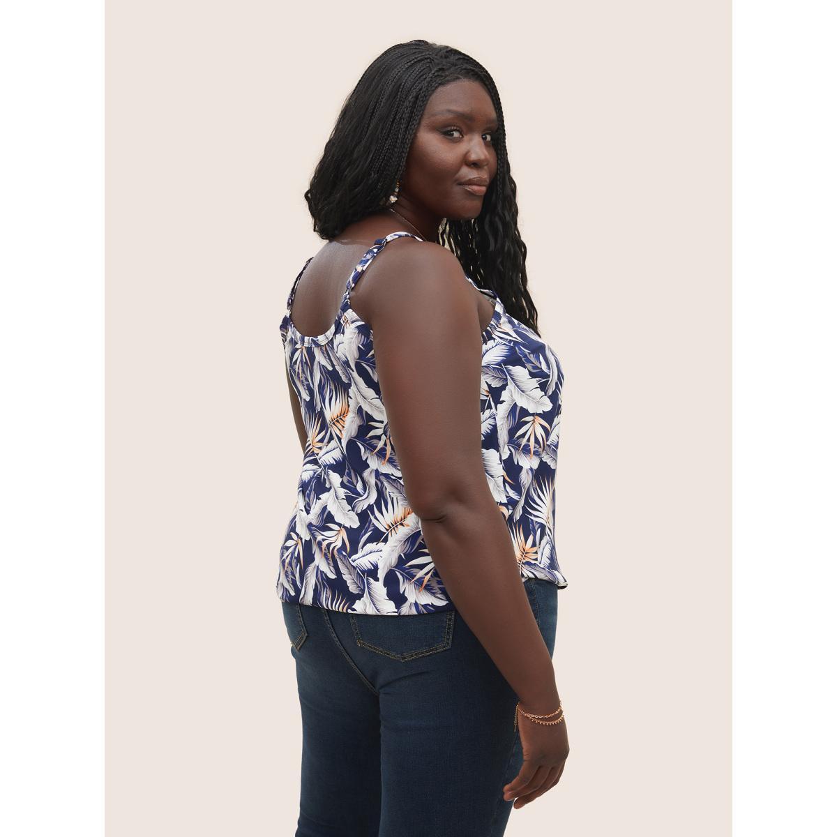 Plus Size Tropical Print Wrap Cut Out Cami Top Women Indigo Resort Overlapping Notched collar Vacation Tank Tops Camis BloomChic 18-20/2X Product Image