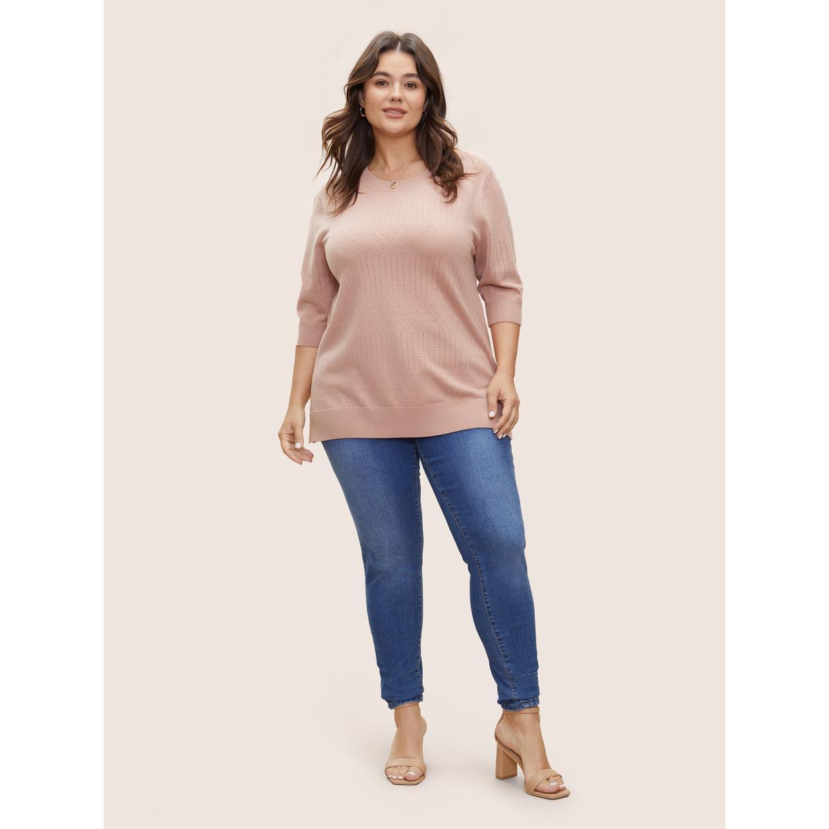 Plus Size Supersoft Essentials Solid Pointelle Knit Pullover MistyRose Women Casual Half Sleeve Round Neck Everyday Pullovers BloomChic 28/5X Product Image