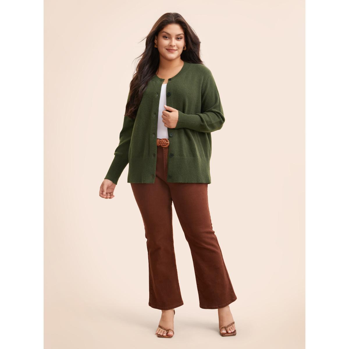 Plus Size Plain Round Neck Button Through Cardigan DarkGreen Women Casual Long Sleeve Everyday Cardigans BloomChic 12/L Product Image