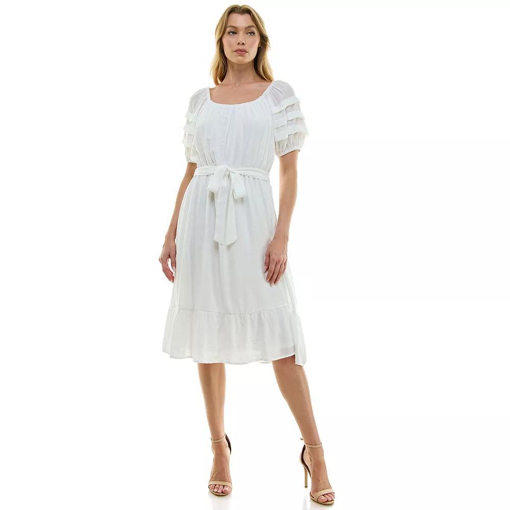Women's Luxology Pleated Sleeve Belted Midi Dress, Size: Medium, Brown Product Image