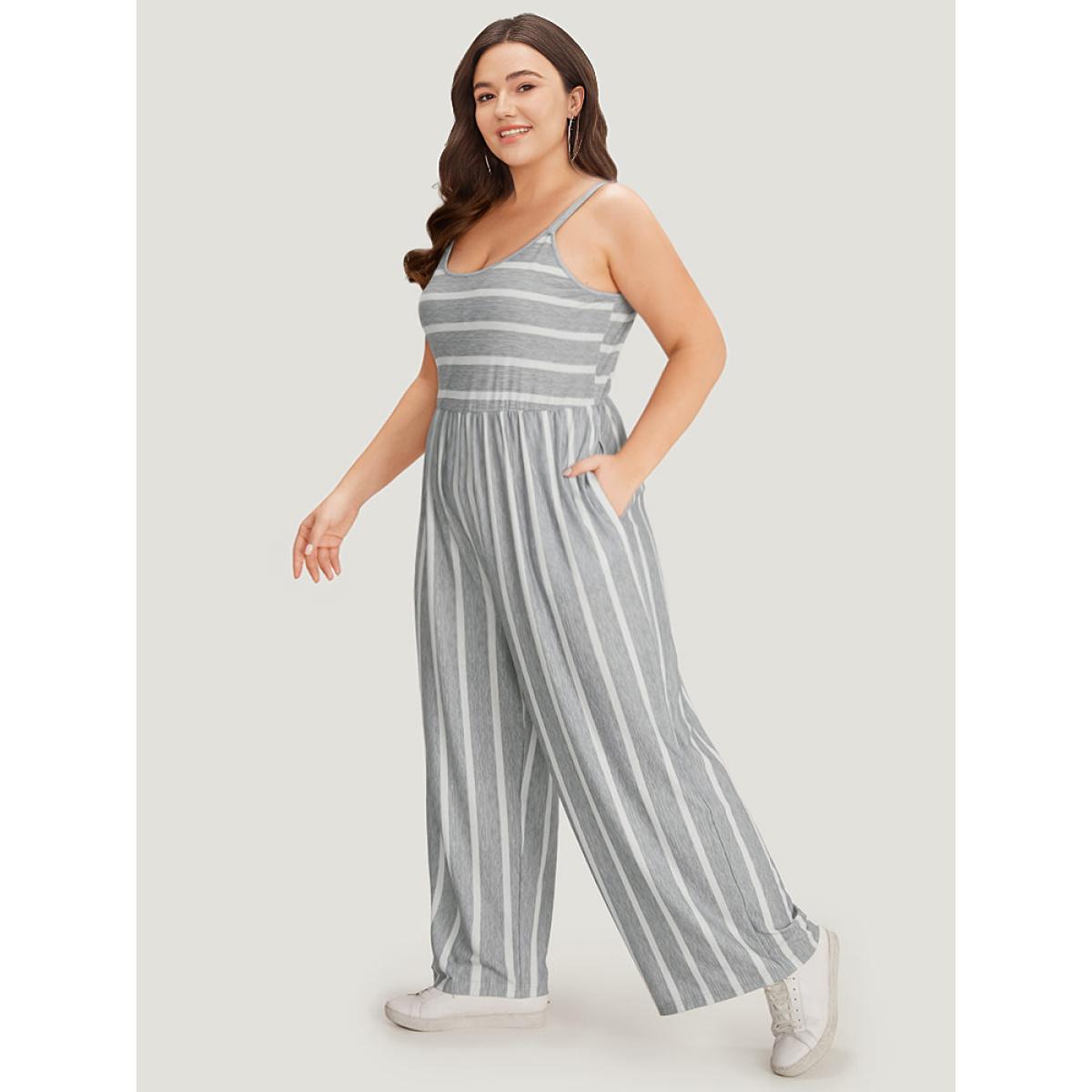 Plus Size Silver Striped Pocket Elastic Waist Cami Jumpsuit Women Casual Sleeveless Spaghetti Strap Dailywear Loose Jumpsuits BloomChic 14-16/1X Product Image