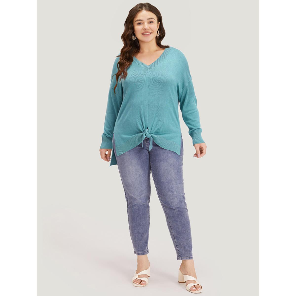 Plus Size Supersoft Essentials Bowknot Front Split Side Pullover Cerulean Women Casual Loose Long Sleeve V-neck Dailywear Pullovers BloomChic 28/5X Product Image
