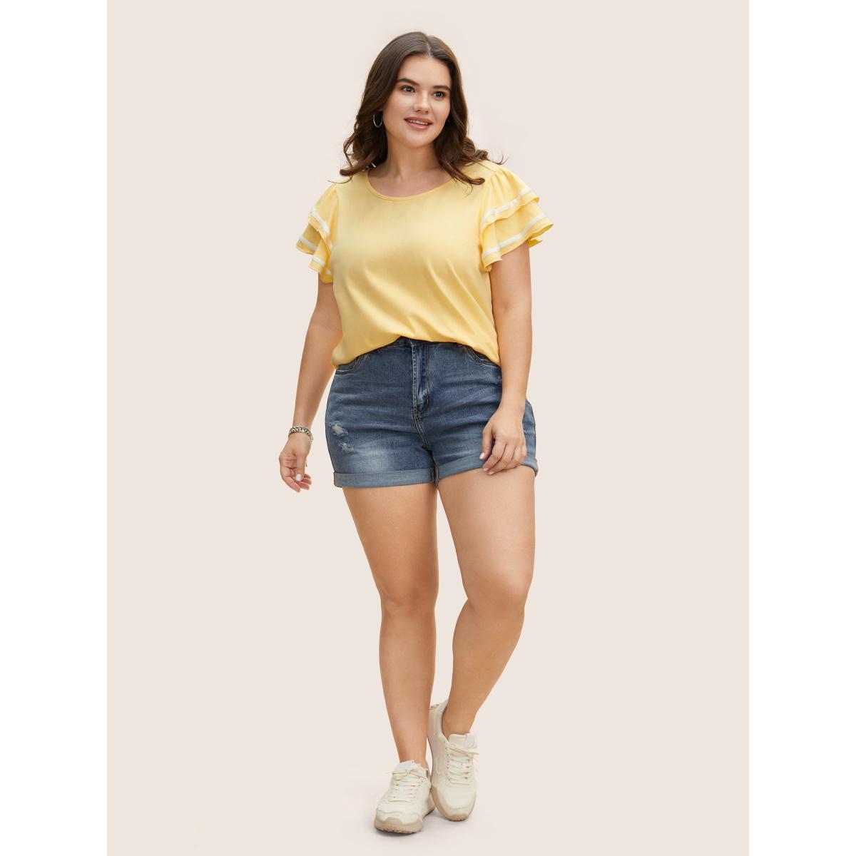 Plus Size Crew Neck Tiered Ruffles Contrast Webbing T-shirt Lightyellow Women Casual Contrast Round Neck Everyday T-shirts BloomChic 18-20/2X Product Image