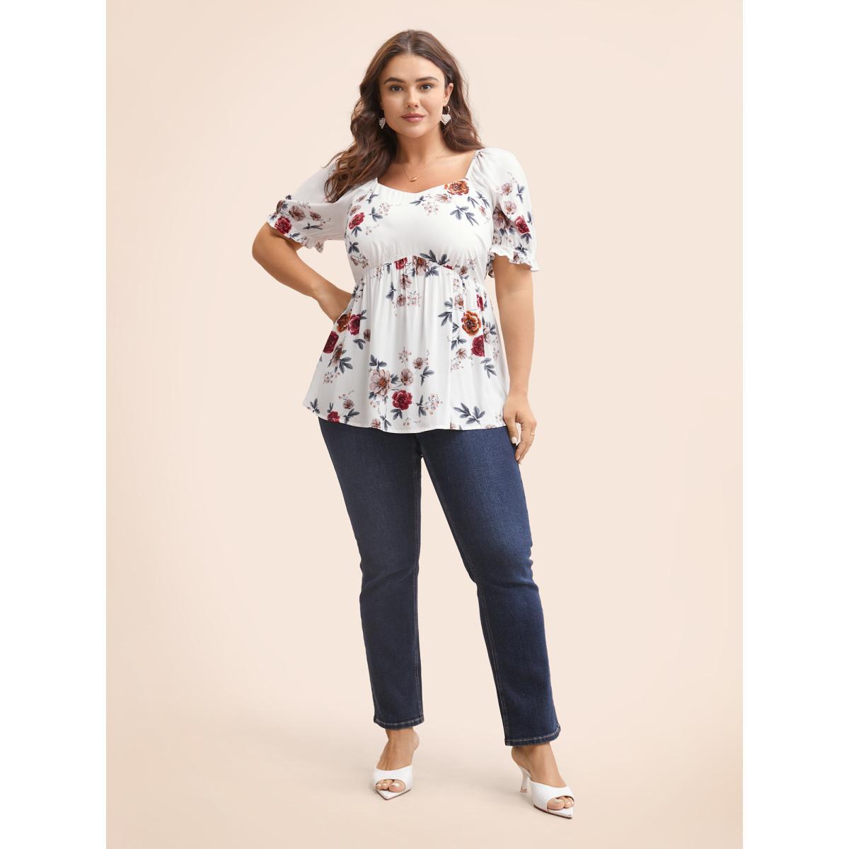 Plus Size White Floral Print Square Neck Gathered Puff Sleeve Blouse Women Elegant Short sleeve Heart neckline Dailywear Blouses BloomChic 18-20/2X Product Image