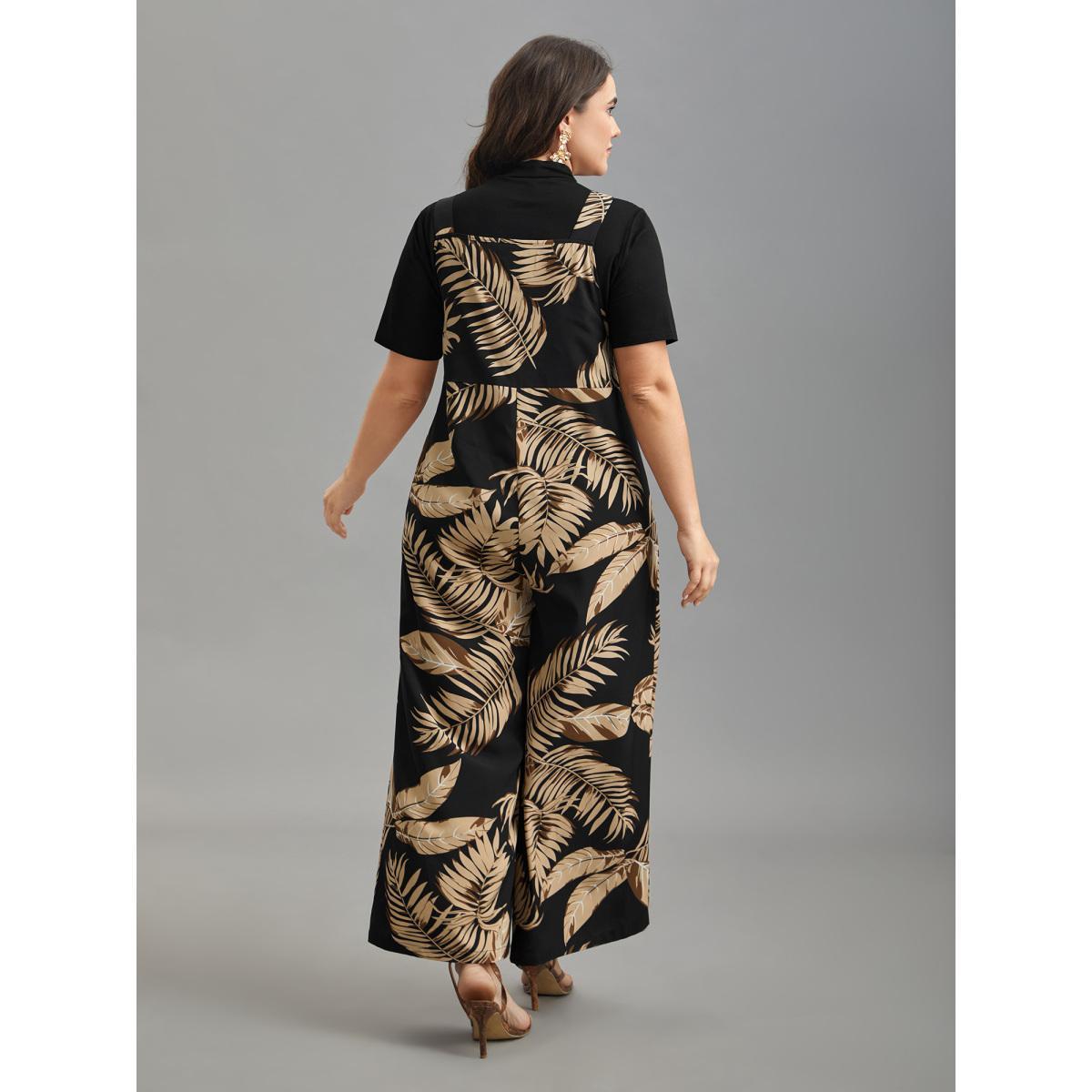 Plus Size Black Tropical Leaf Print Overall Straps Jumpsuit Women Elegant Sleeveless Non Everyday-Elegant Loose Jumpsuits BloomChic 28/5X Product Image