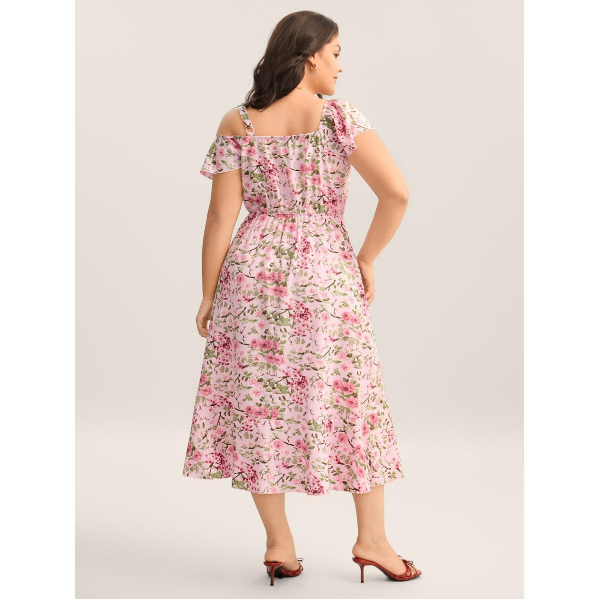 Plus Size Floral Print Wrap One-Shoulder Midi Dress Lightpink Women V-neck Cap Sleeve Curvy BloomChic 26/4X Product Image