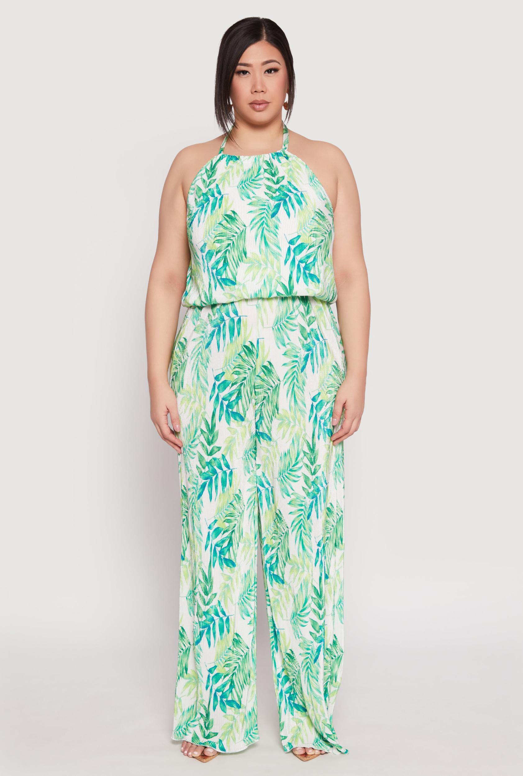 Womens Plus Size Almost Famous Plisse Leaf Print Pants Product Image