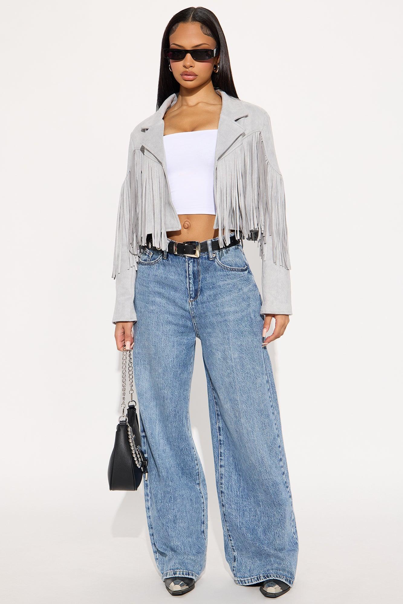 Rodeo Ready Fringe Faux Suede Jacket - Light Grey Product Image