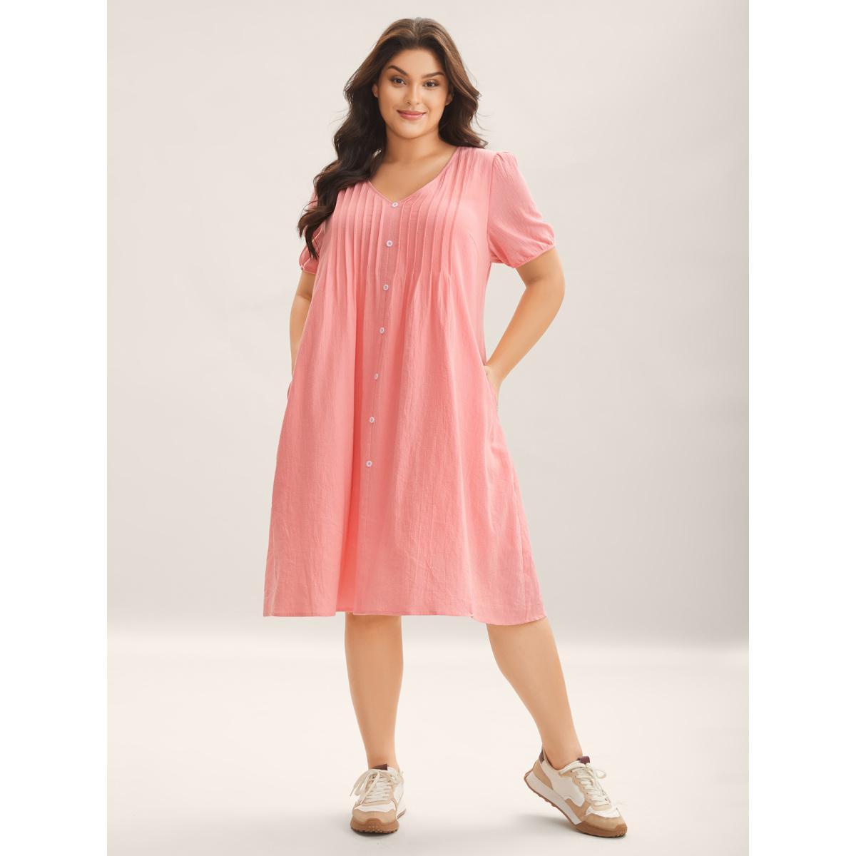Plus Size Pure Cotton Toothpick Pleat Pockets Shirt Dress Watermelon Women V-neck Short sleeve Curvy BloomChic 10/M Product Image