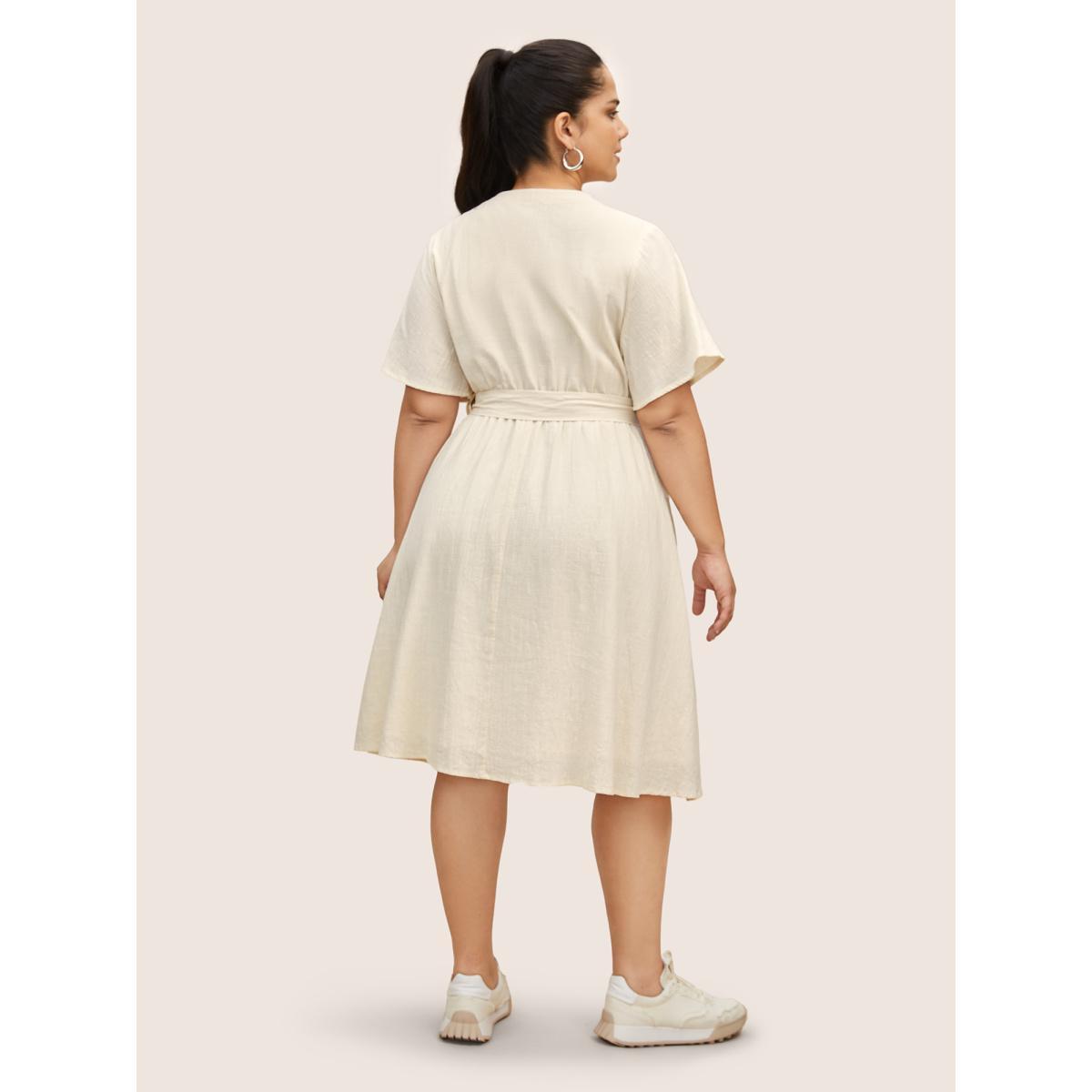 Plus Size Notched Collar Plain Button Detail Belted Dress Ivory Women Casual Belted Notched collar Half Sleeve Curvy BloomChic 10/M Product Image