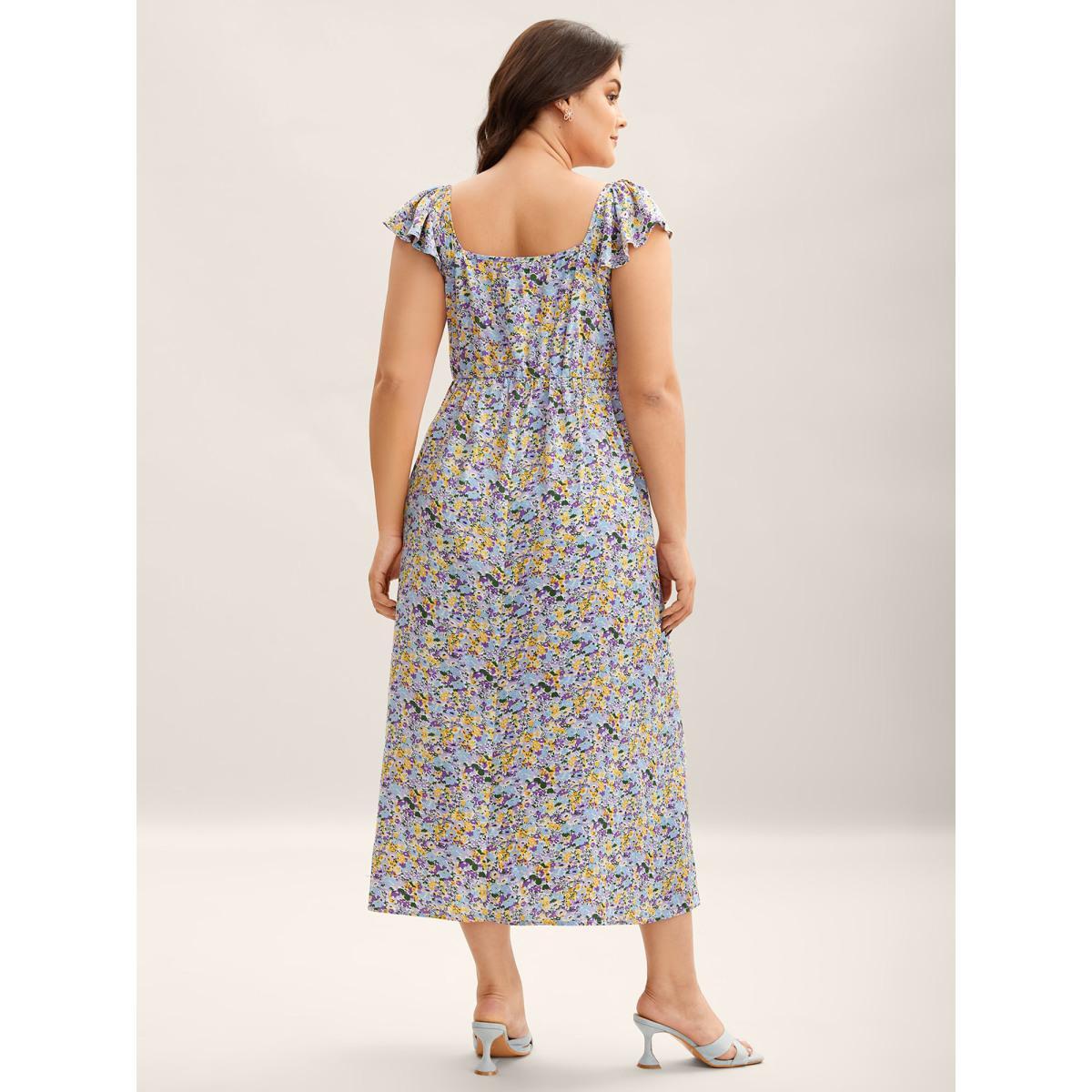 Plus Size Ditsy Floral Print Neck Tie Midi Dress Lilac Women Heart neckline Cap Sleeve Curvy BloomChic 10/M Product Image