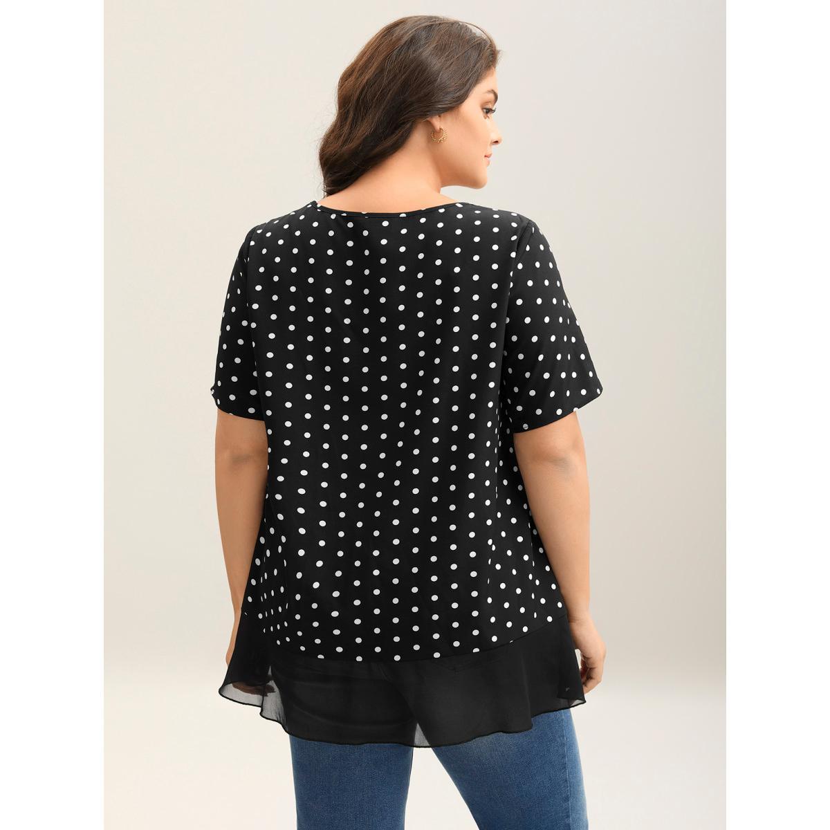 Plus Size Black Polka Dots Spliced Ruffled Hem Shirt Women Short sleeve Round Neck Everyday-Elegant Blouses BloomChic 22-24/3X Product Image