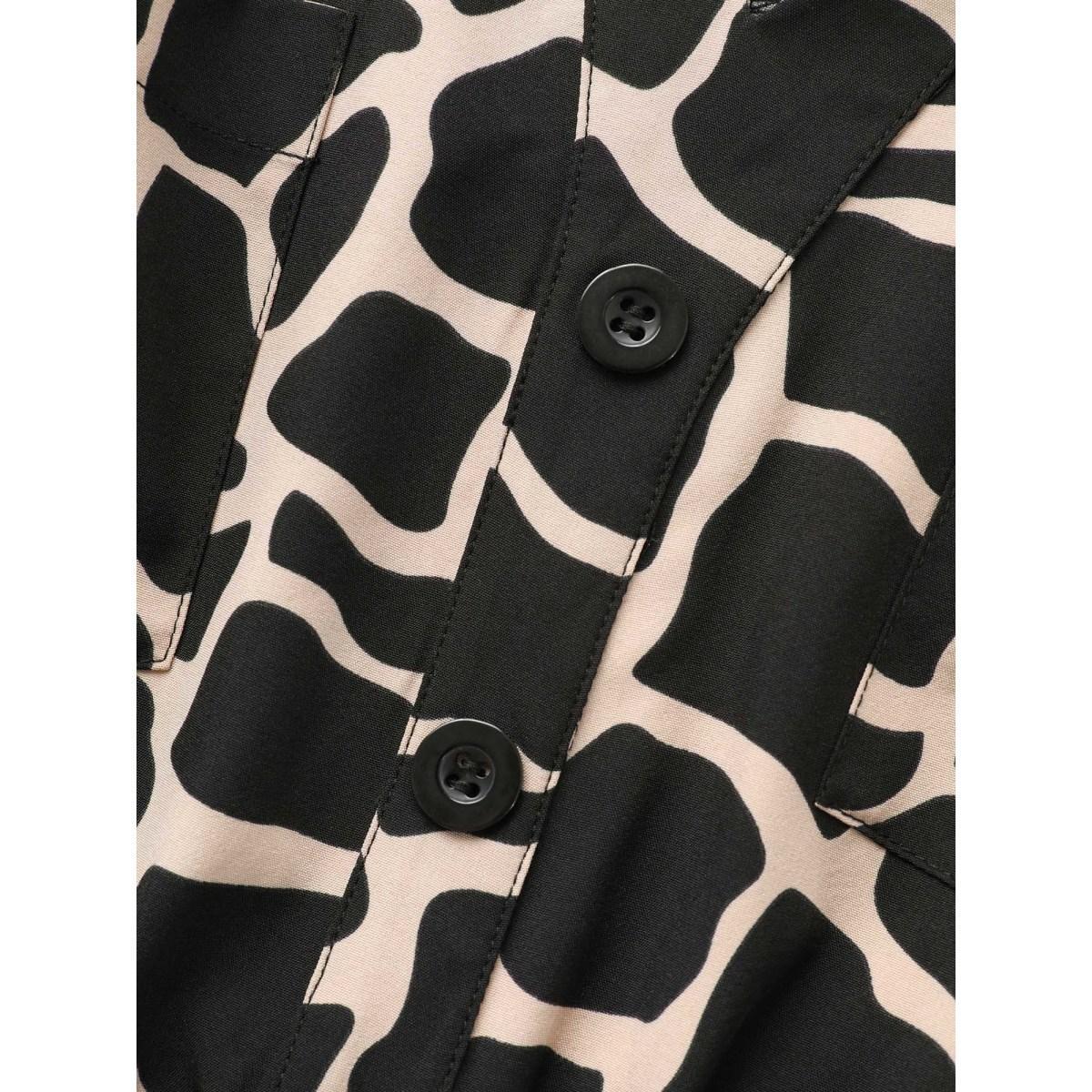 Plus Size Geometric Notched Patched Pocket Belted Dress Tan Women At the Office Belted Flat collar with V-notch Short sleeve Curvy BloomChic 12/L Product Image