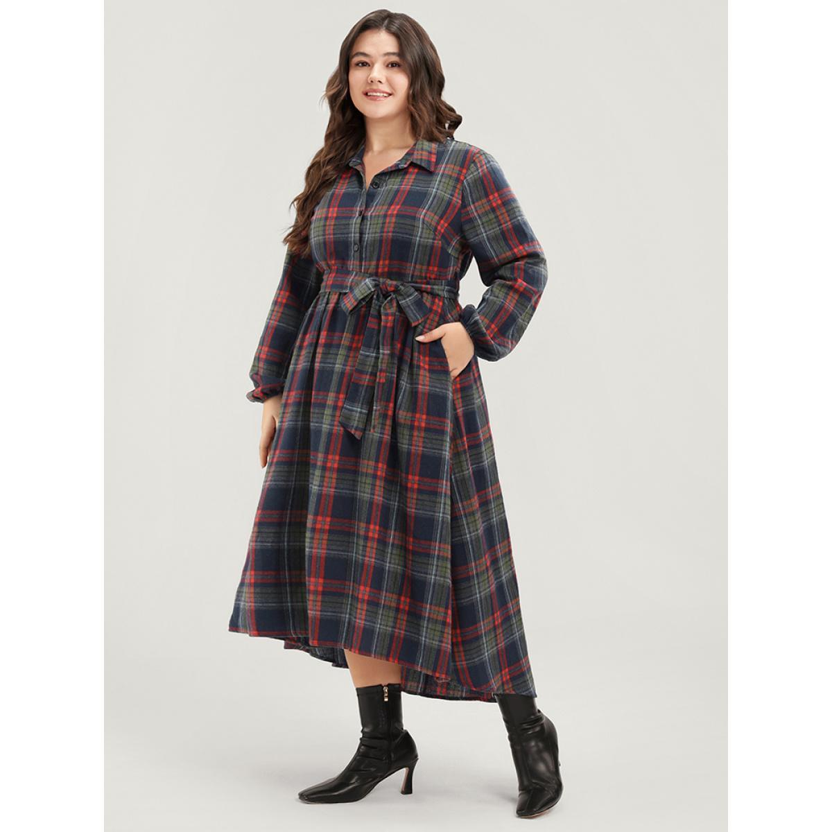 Plus Size Tartan Shirt Collar Lantern Sleeve Belted High Low Hem Dress Indigo Women Elegant Belted Shirt collar Long Sleeve Curvy Long Dress BloomChic 18-20/2X Product Image