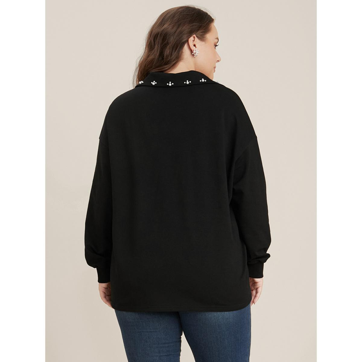 Plus Size Solid Button Up Pearl Beaded Polo Neck Sweatshirt Women Black Elegant Beaded Polo Dailywear Sweatshirts BloomChic 26/4X Product Image