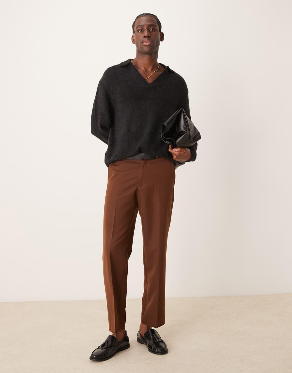 ASOS DESIGN knitted texture notch sweater in black Product Image