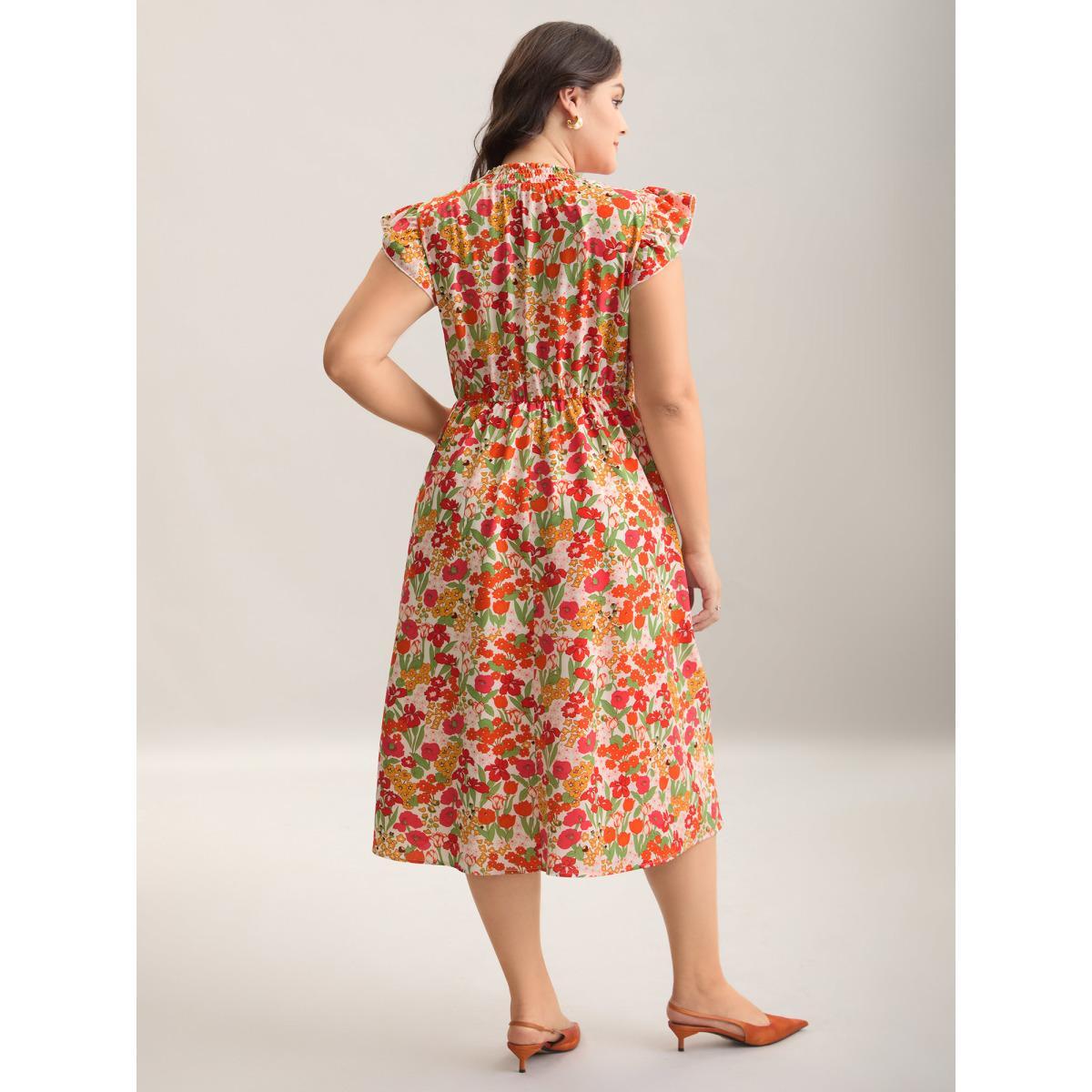 Plus Size Floral Print Shirred Pockets Midi Dress Salmon Women Elegant Frill Trim Mock Neck Cap Sleeve Curvy BloomChic 30/6X Product Image