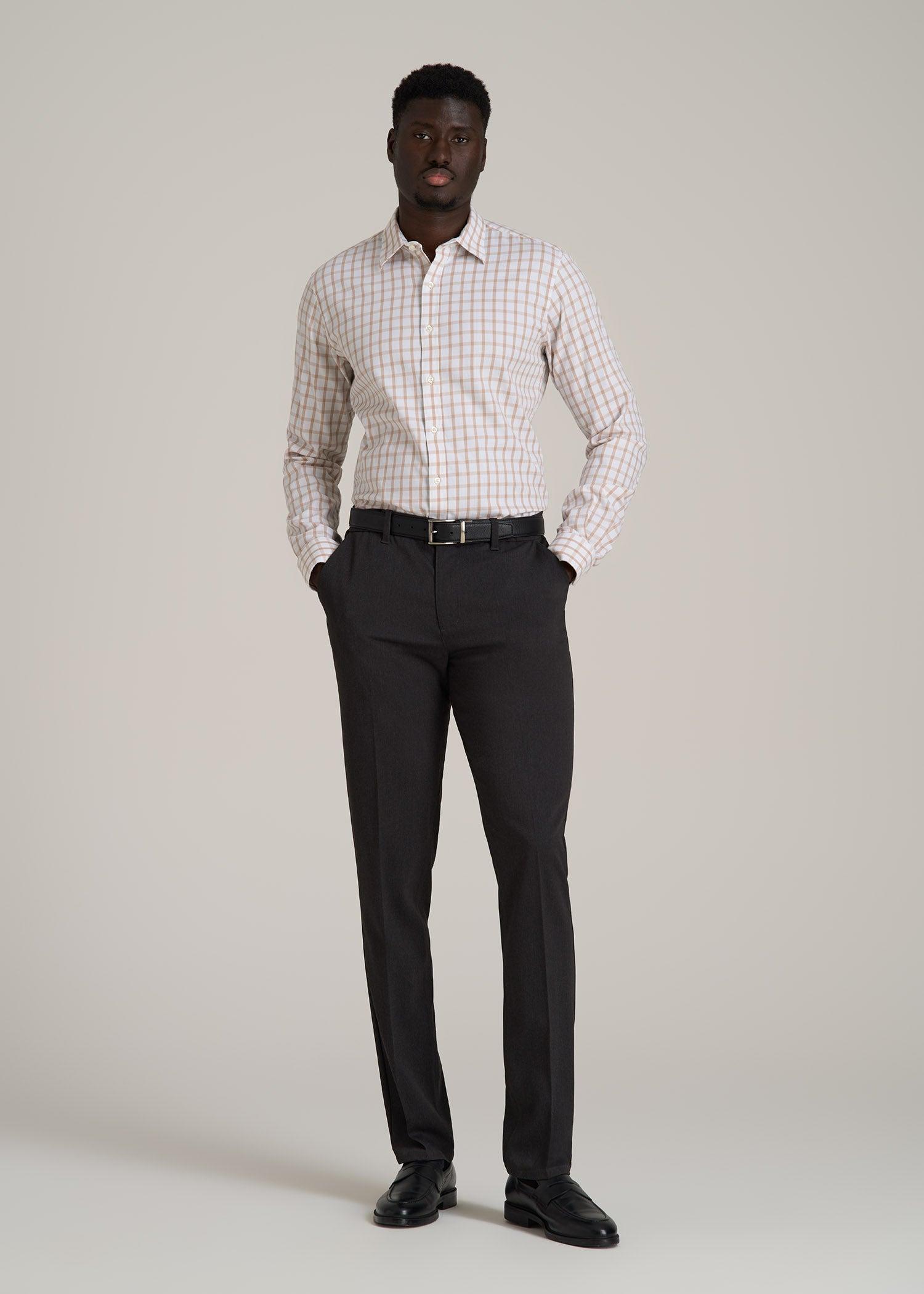 Oskar Button-Up Dress Shirt for Tall Men in Beige Grid Product Image