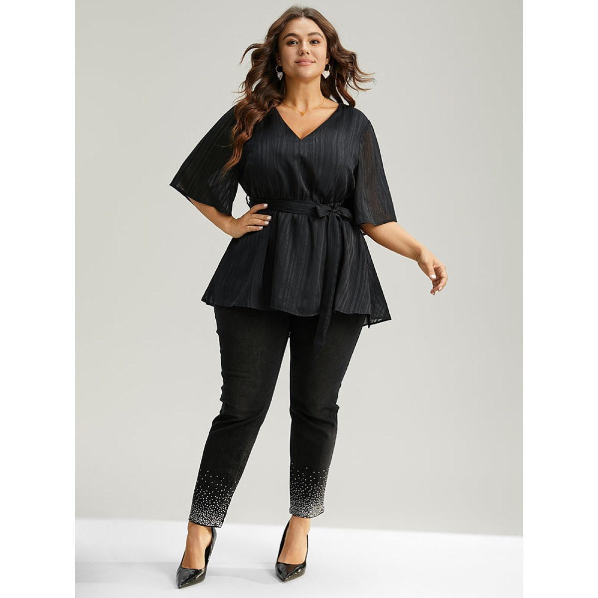 Plus Size Black Solid Chiffon Belted High Low Hem Blouse Women Elegant Half Sleeve V-neck Everyday Blouses BloomChic 30/6X Product Image