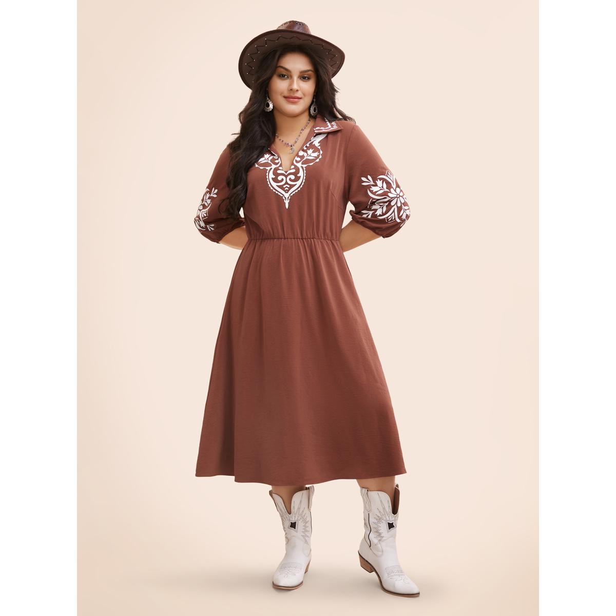 Plus Size Precision Printing Waist-Cinching Midi Dress Rust Women Resort Contrast Lapel Collar Elbow-length sleeve Curvy BloomChic 28/5X Product Image
