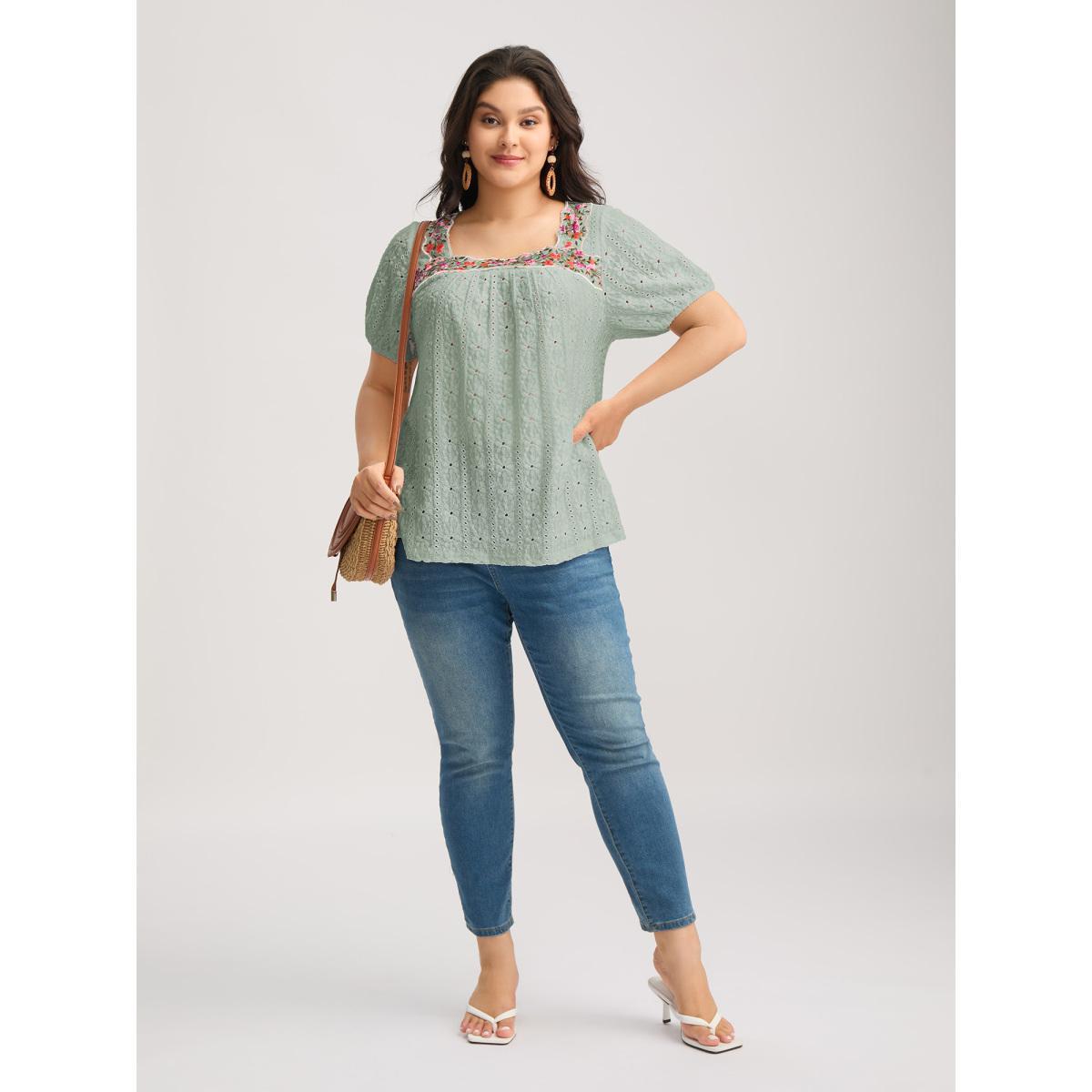 Plus Size Eyelet Trim Floral Embroidered Solid T-Shirt LightBlue Women Woven ribbon&lace trim Square Neck Everyday-Elegant T-shirts BloomChic 10/M Product Image