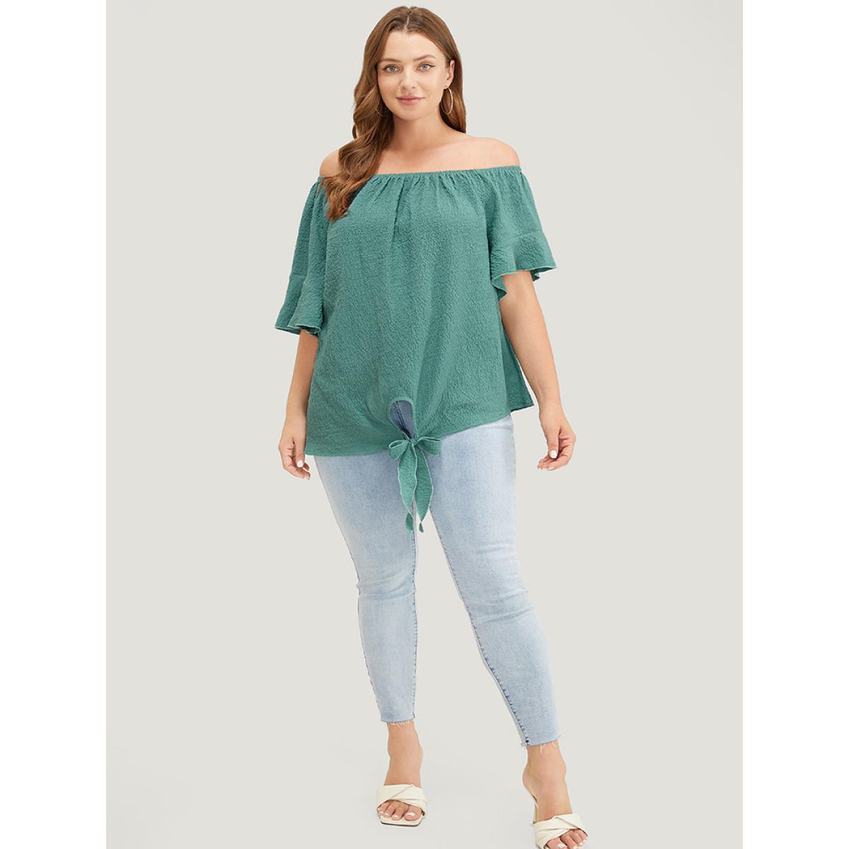 Plus Size Teal Solid Cut Out Knotted Hem Ruffle Sleeve One Shoulder Blouse Women Elegant Short sleeve One Shoulder Dailywear Blouses BloomChic 28/5X Product Image
