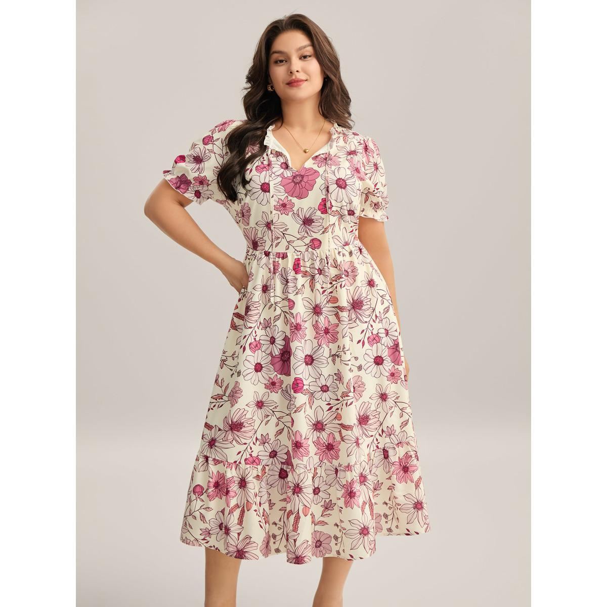 Plus Size Floral Print Neck Tie Tiered Maxi Dress Blush Women Flat collar with V-notch Short sleeve Curvy BloomChic 18-20/2X Product Image