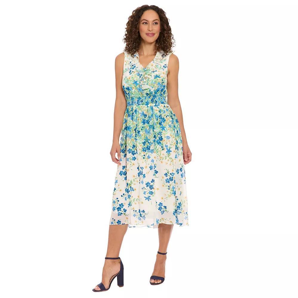 Women's London Times V-Neck Smocked Waist Midi Dress, Size: Large, White Blue Product Image