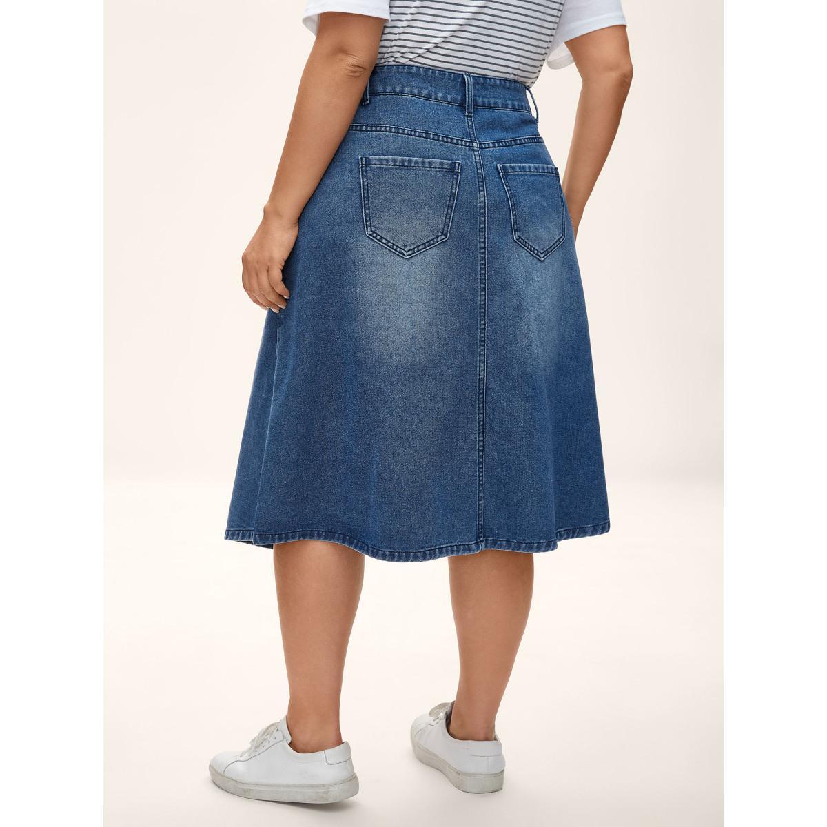 Plus Size A-Line Midi Denim Skirt Women Midblue Everyday-Casual No stretch Medium Wash 28/5X Slanted pocket Denim Skirts BloomChic Product Image
