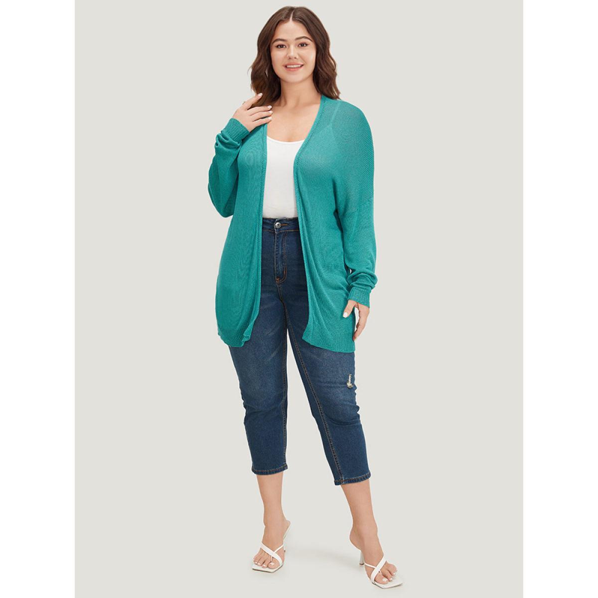 Plus Size Plain Open Front Loose Slightly Stretchy Cardigan Emerald Women Casual Loose Long Sleeve Everyday Cardigans BloomChic 14-16/1X Product Image