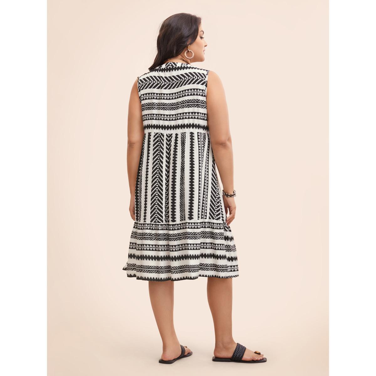 Plus Size Striped Geometric Pocket Ruffle Hem Sleeveless Tank Dress Ivory Women Casual Non V-neck Sleeveless Curvy BloomChic 14-16/1X Product Image