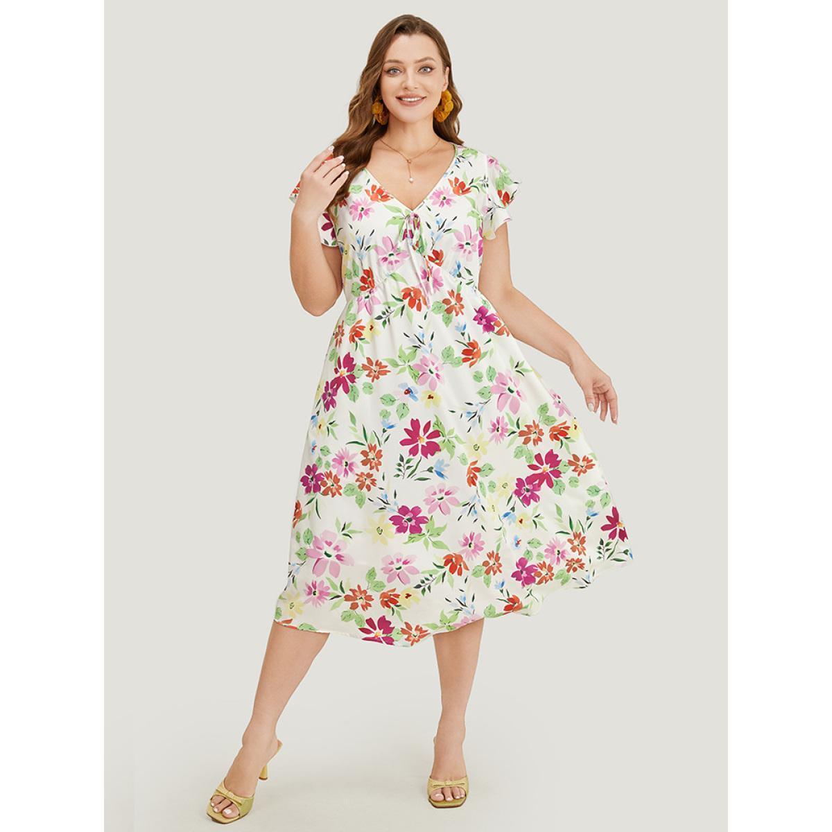 Plus Size Floral Knot Neck Pocket Cap Sleeve Ruffle Trim Dress Multicolor Women Elegant Knotted V-neck Cap Sleeve Curvy Midi Dress BloomChic 14-16/1X Product Image