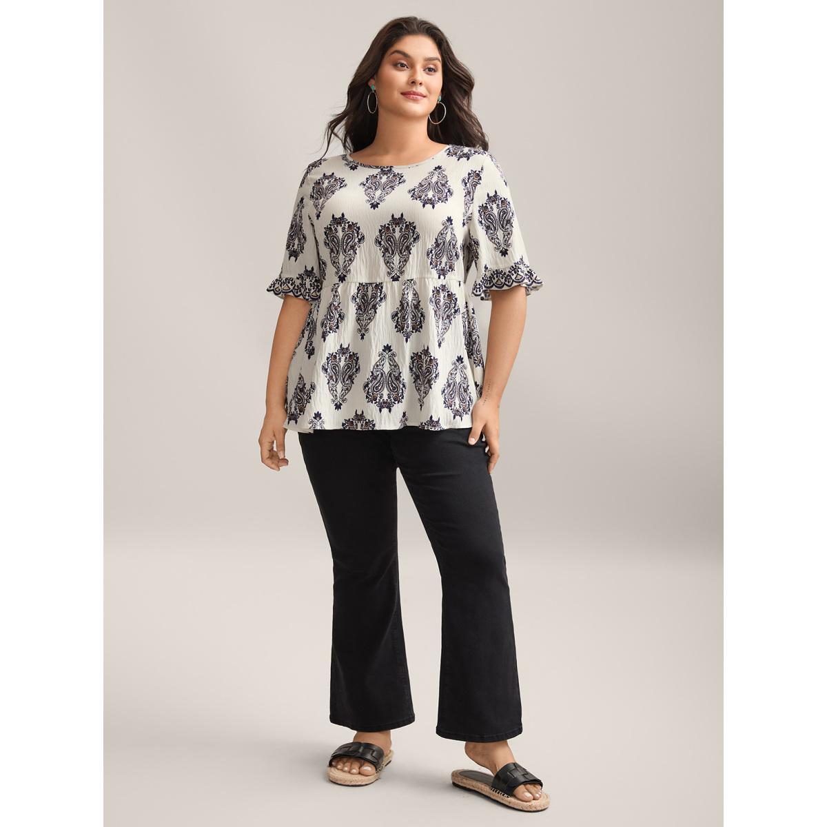 Plus Size Indigo Paisley Print Lotus Leaf Cuffs Blouse Women Short sleeve Round Neck Vacation Blouses BloomChic 12/L Product Image