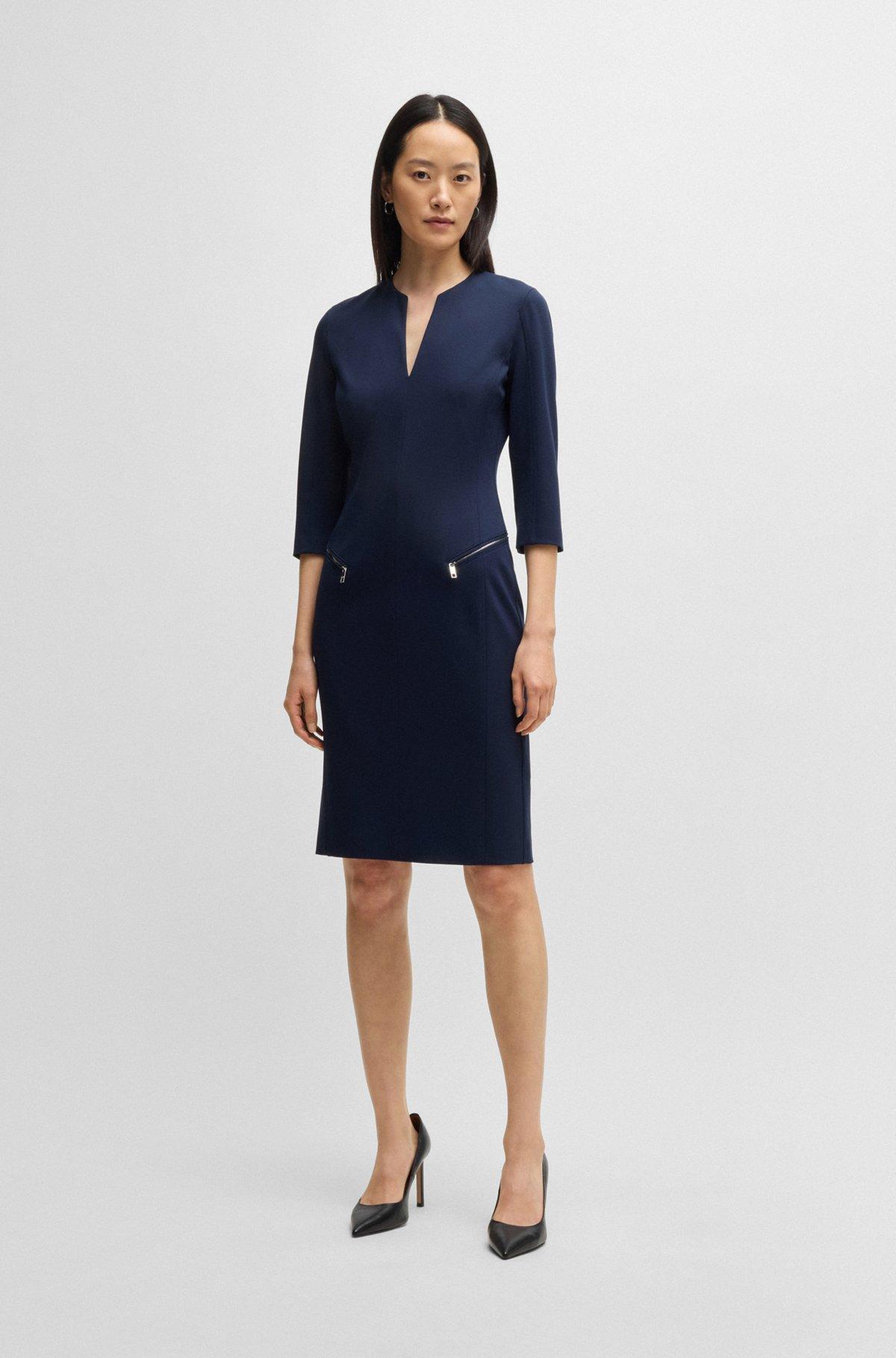 BOSS - V-neck dress with zipped pockets and cropped sleeves - Dark Blue Product Image