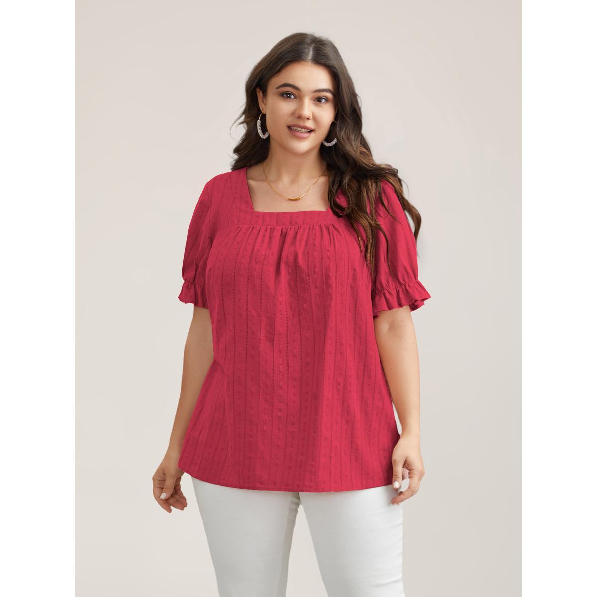 Plus Size Crimson Cotton Square Neck Ruffled Sleeve Shirt Women Elegant Short sleeve Square Neck Everyday Blouses BloomChic 18-20/2X Product Image