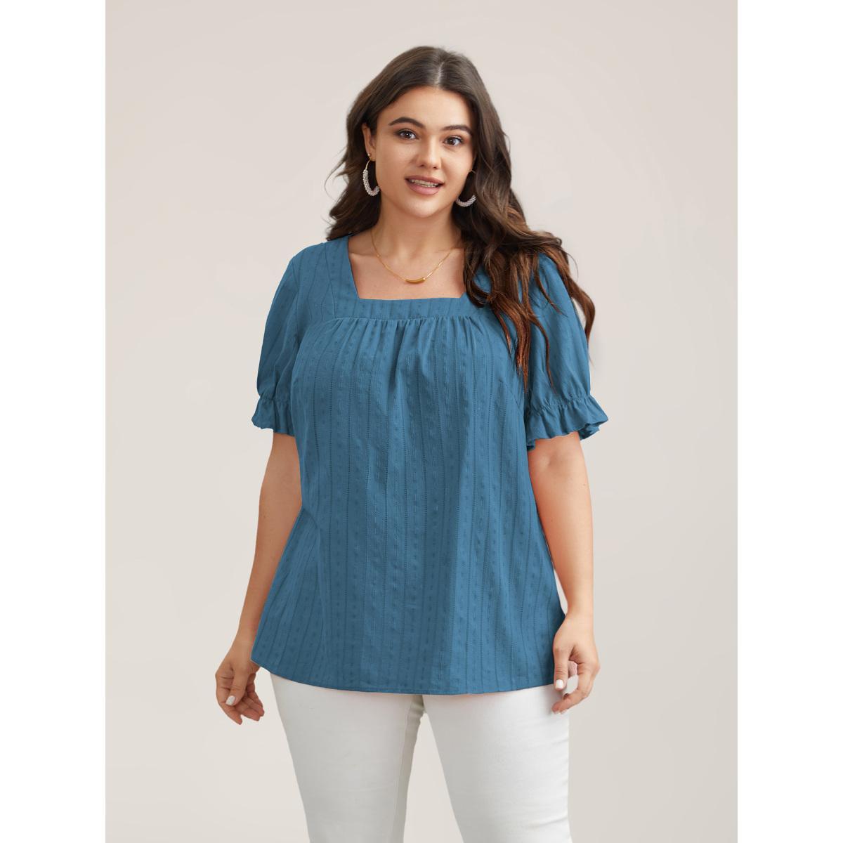 Plus Size Aegean Cotton Square Neck Ruffled Sleeve Shirt Women Elegant Short sleeve Square Neck Everyday Blouses BloomChic 18-20/2X Product Image