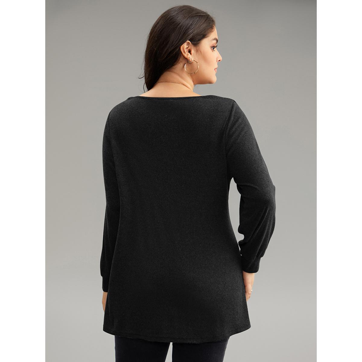 Plus Size Cowl Neck Tassels Button Detail Wrap Sweatshirt Women Black Elegant Wrap Cowl Neck Everyday Sweatshirts BloomChic 22-24/3X Product Image