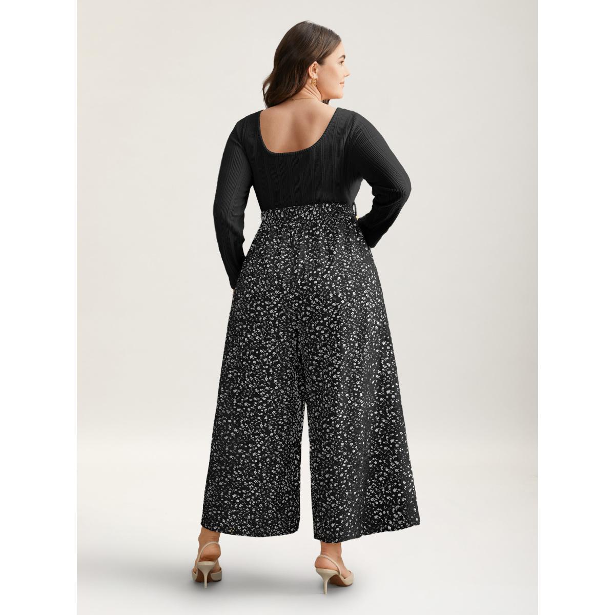 Plus Size Black Textured Square Neck Belted Floral Jumpsuit Women Elegant Long Sleeve Square Neck Everyday Loose Jumpsuits BloomChic 14-16/1X Product Image