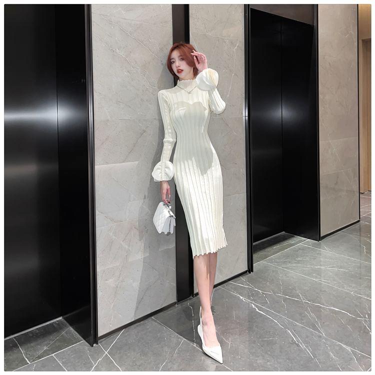 Long Sleeve Petal Cuff Mock Neck Plain Ribbed Midi Sheath Sweater Dress Product Image