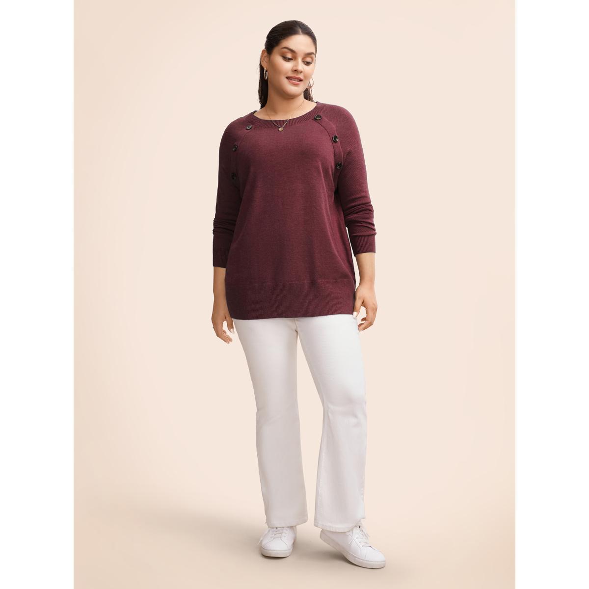Plus Size Supersoft Essentials Button Detail Raglan Sleeve Pullover Scarlet Women Casual Long Sleeve Round Neck Dailywear Pullovers BloomChic 26/4X Product Image