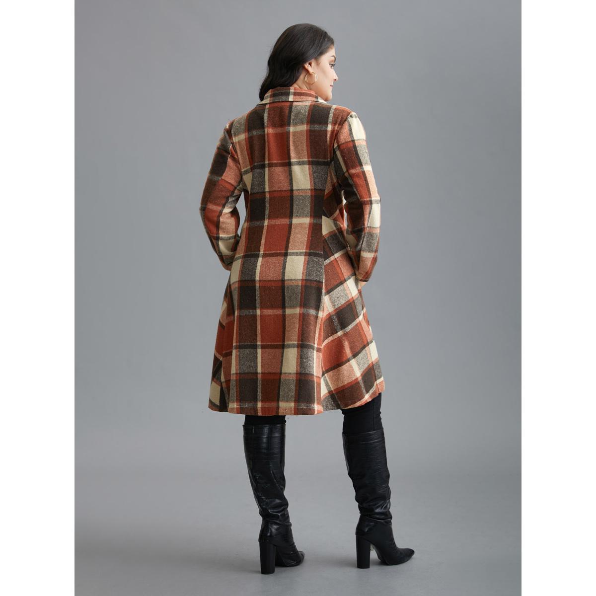 Plus Size Plaid Lapel Collar Waist Button Coat Women Yellowishbrown Elegant Button Ladies Everyday Winter Coats BloomChic 26/4X Product Image