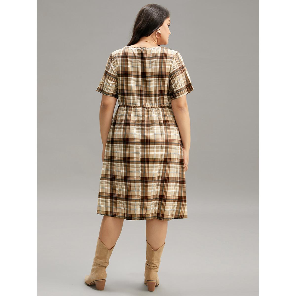 Plus Size Plaid Pocket V Neck Button Detail Dress Tan Women Casual Button V-neck Short sleeve Curvy Midi Dress BloomChic 26/4X Product Image