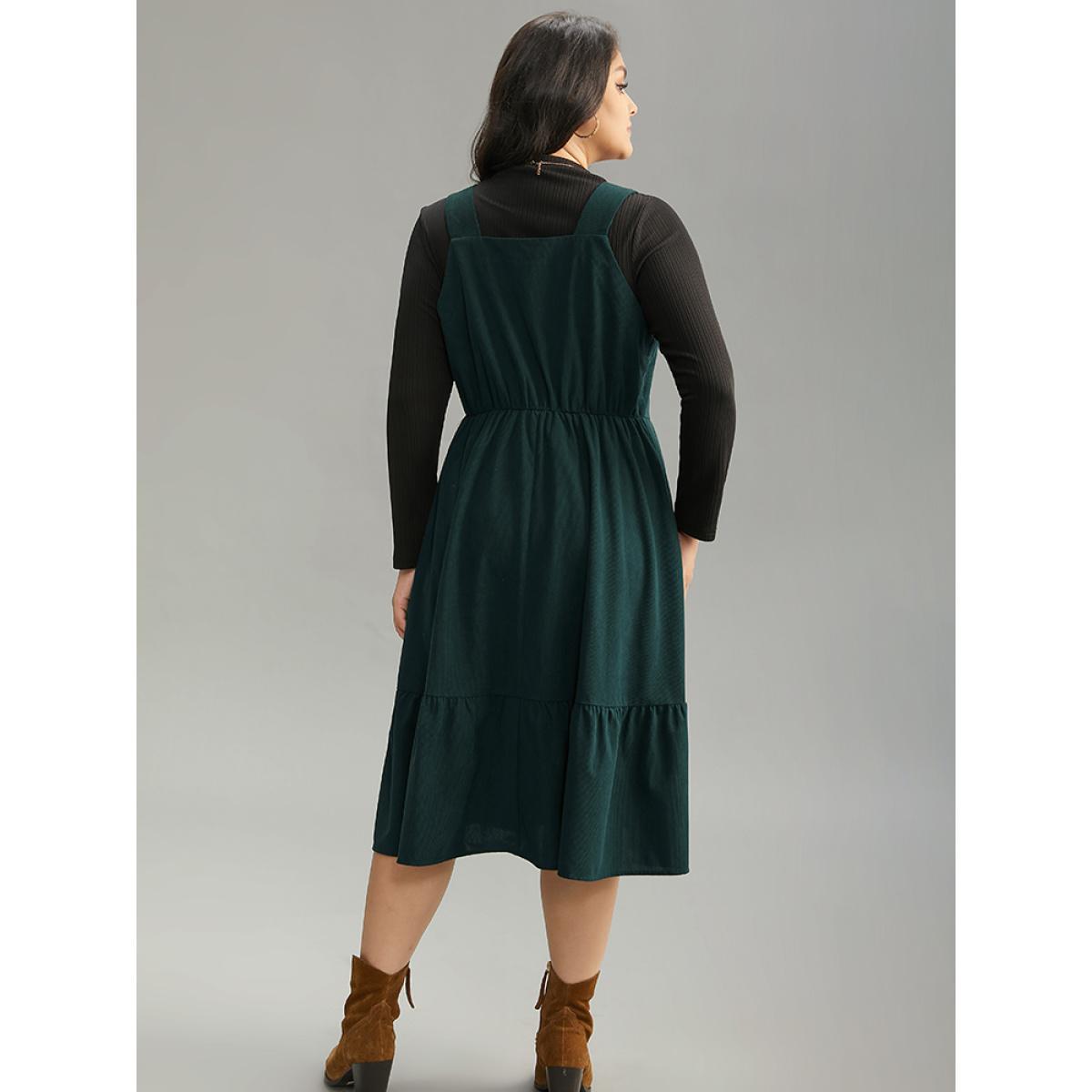 Plus Size Corduroy Button Detail Ruffles Adjustable Straps Dress DarkGreen Women Casual Adjustable Straps Spaghetti Strap Sleeveless Curvy Midi Dress BloomChic 14-16/1X Product Image