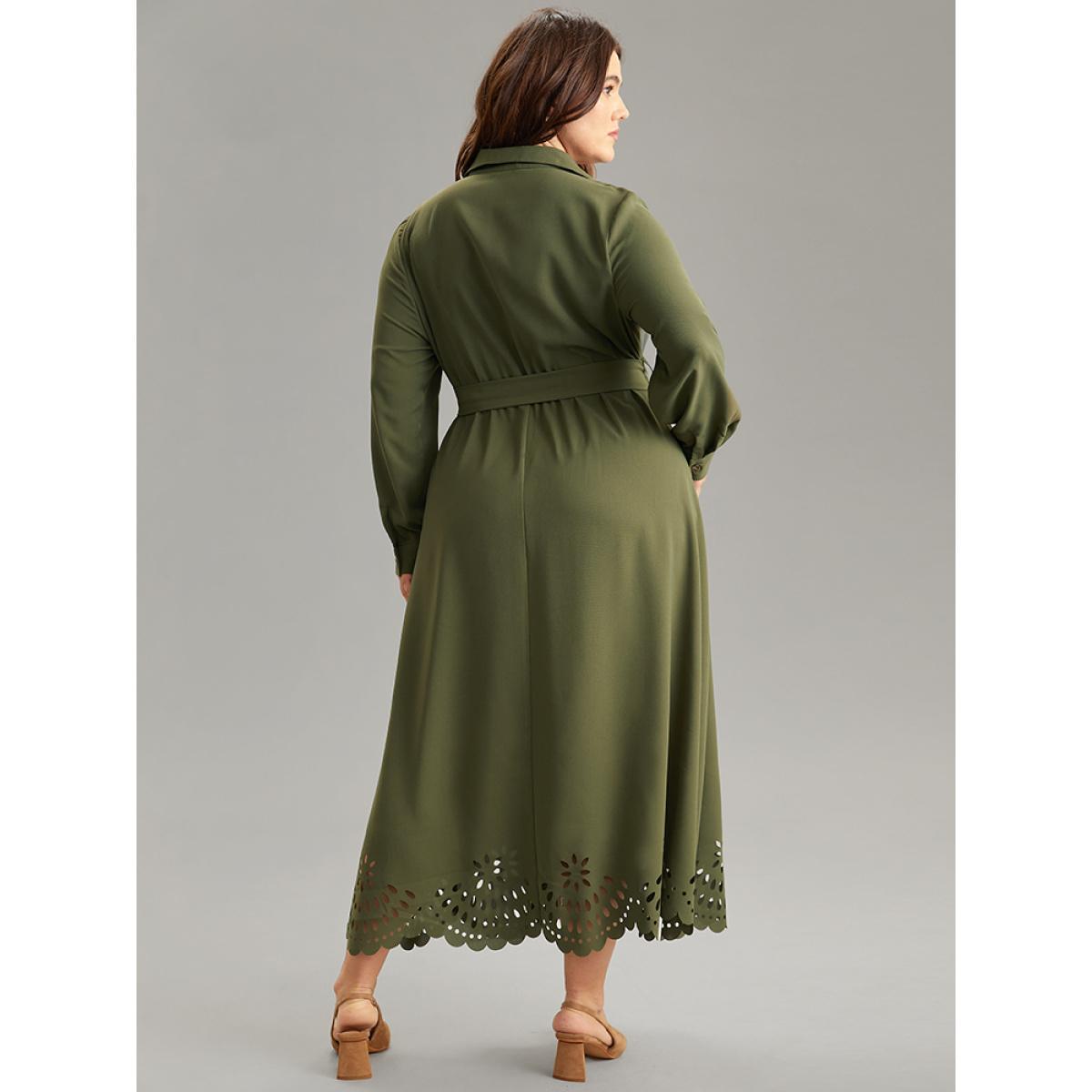 Plus Size Plain Laser Cut Button Through Belted Dress ArmyGreen Women Office Plain Shirt collar Long Sleeve Curvy Midi Dress BloomChic 22-24/3X Product Image