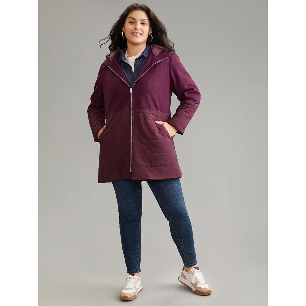 Plus Size Plain Patchwork Zipper Padded Hooded Coat Women Burgundy Casual Lined Ladies Dailywear Winter Coats BloomChic 26/4X Product Image